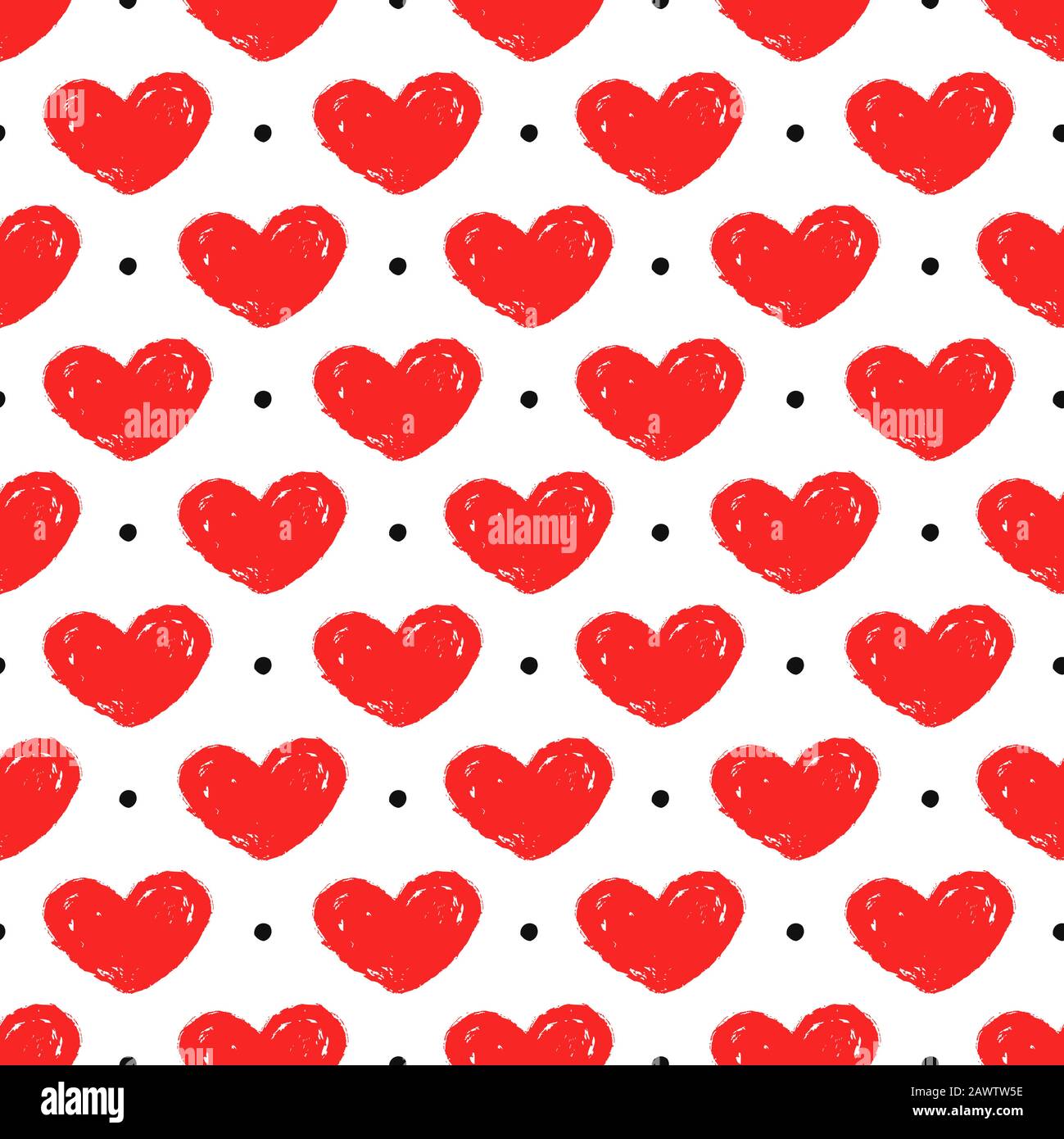 Seamless pattern with hand drawn hearts and dots. White background and painted red hearts. Romantic vector illustration for love, wedding or Valentine Stock Vector