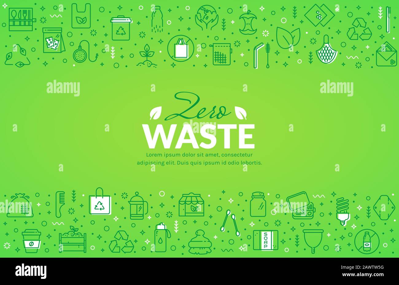 Zero waste web banner with line icons. Recycling, reusable items, plastic free, save the Planet and eco lifestyle themes. Vector horizontal background Stock Vector
