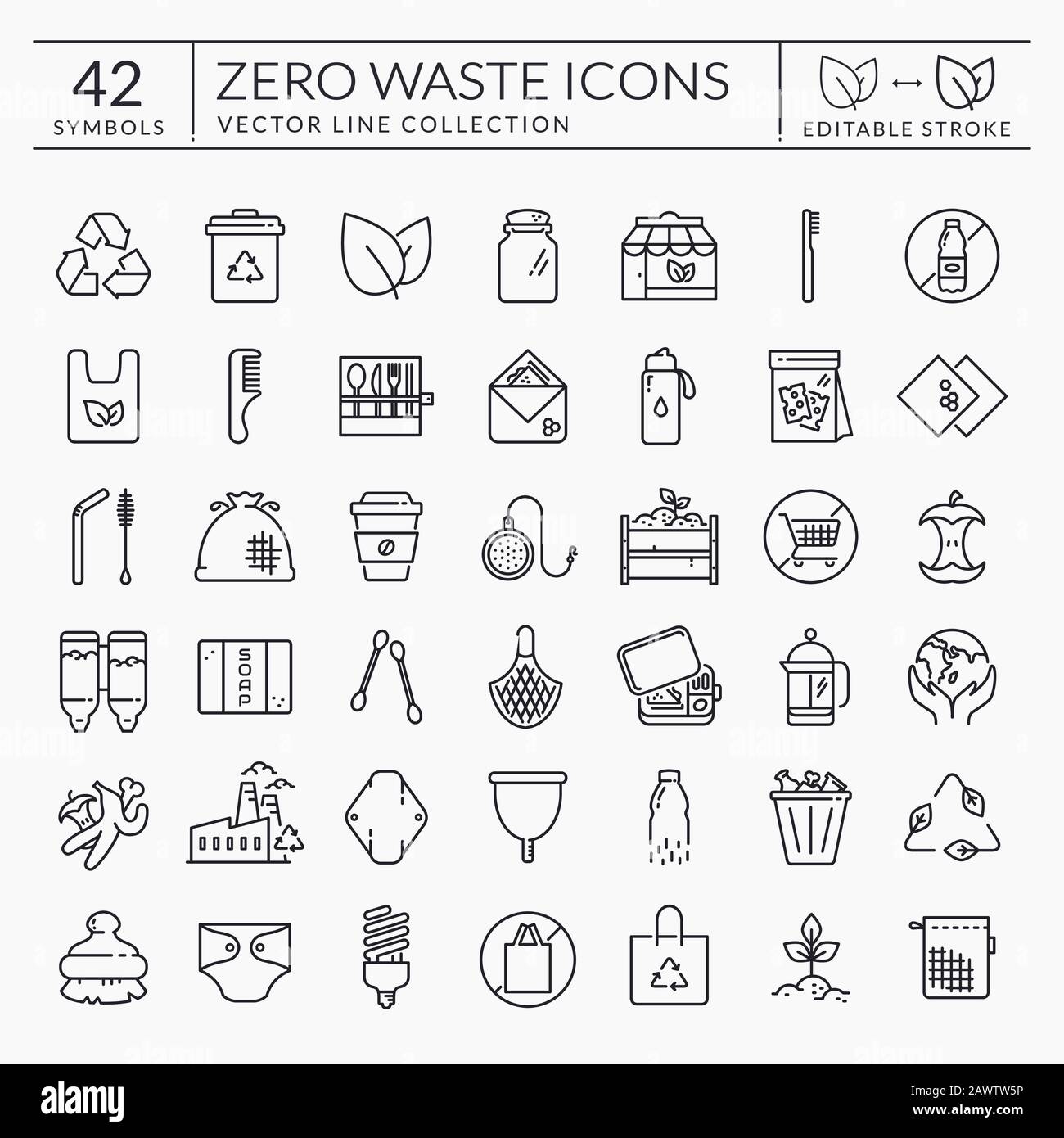 Zero waste line icons. Outline symbols isolated on white background. Recycling, reusable items, plastic free, save the Planet and eco lifestyle themes Stock Vector