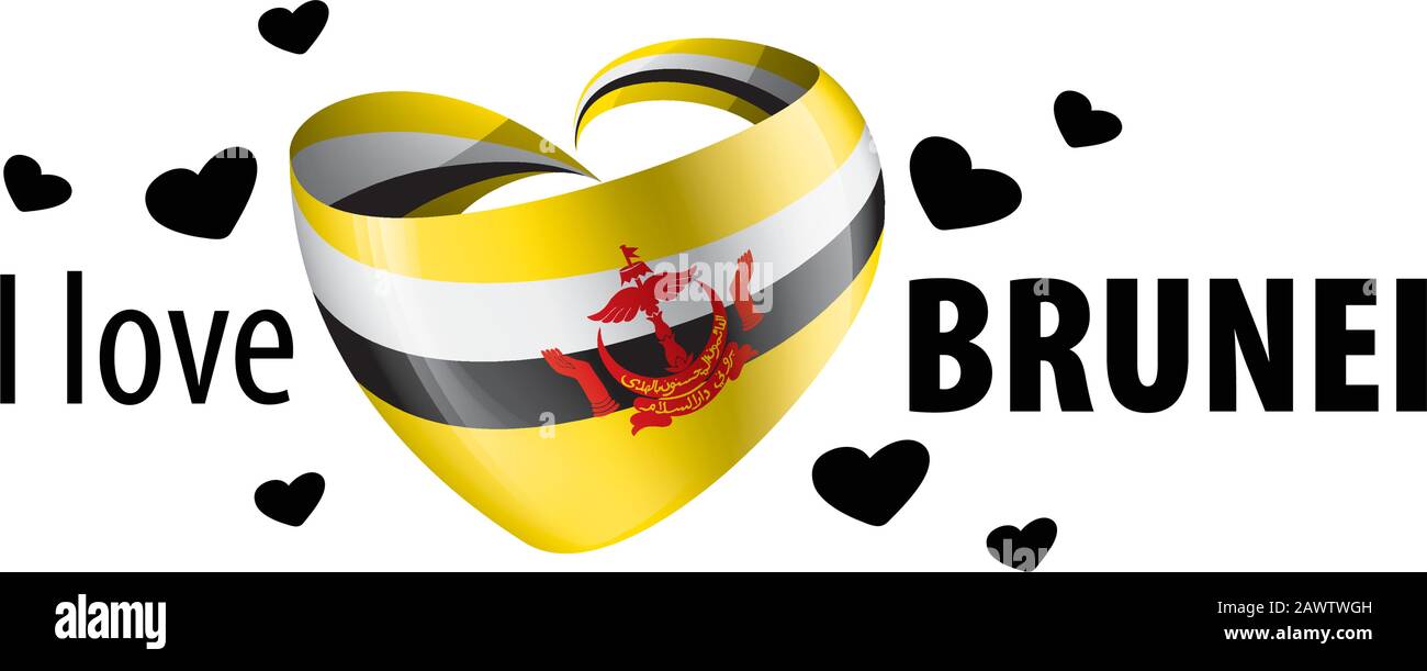 National flag of the Brunei in the shape of a heart and the inscription
