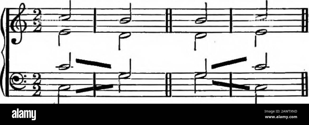 Harmony, its theory and practice . C: V I I IV A similar progression—from the unison to the octave, or theoctave to the unison—is also not infrequent between primary-chords. Evidently this will be between two adjacent parts ofthe harmony, mostly tenor and bass. Ex. 37. C: IV VI Though the progressions shown in Exs. 36, 37 are perfectlycorrect, it will be safer for beginners to avoid consecutive octavesaltogether. 70. The rule prohibiting consecutive octaves does not applyto the doubling of a whole passage in octaves, such as is fre-quently found in pianoforte and orchestral music, nor to passa Stock Photo