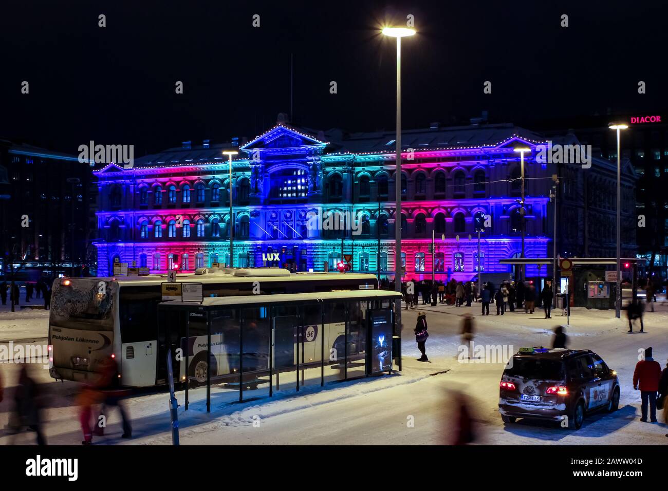 Candy House - a light installation by Sun Effects - on the facade of Ateneum Art Museum during Lux Helsinki Light Art Festival 2016, Finland Stock Photo