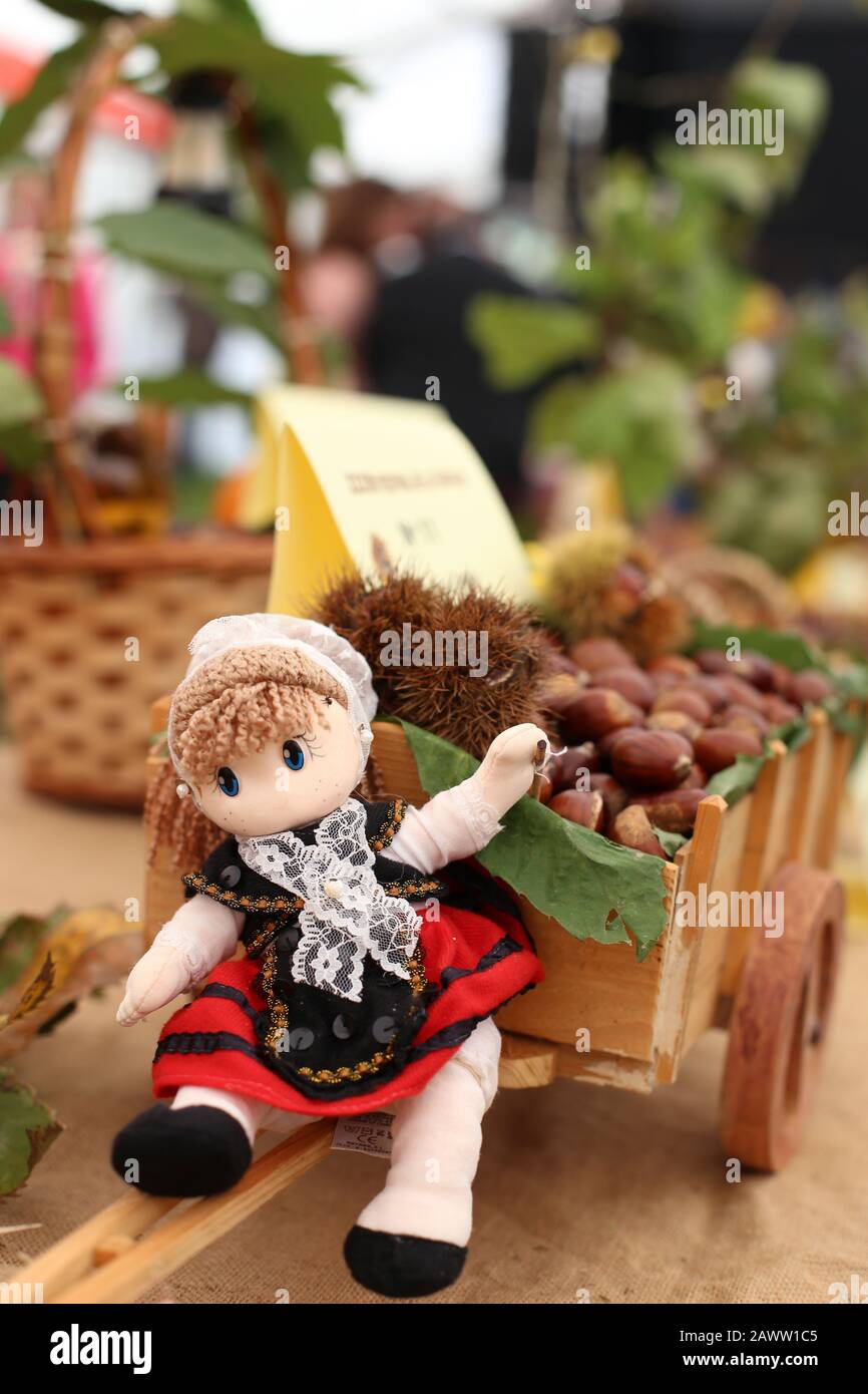 Doll wearing traditional costume of Asturias and chestnuts Stock Photo