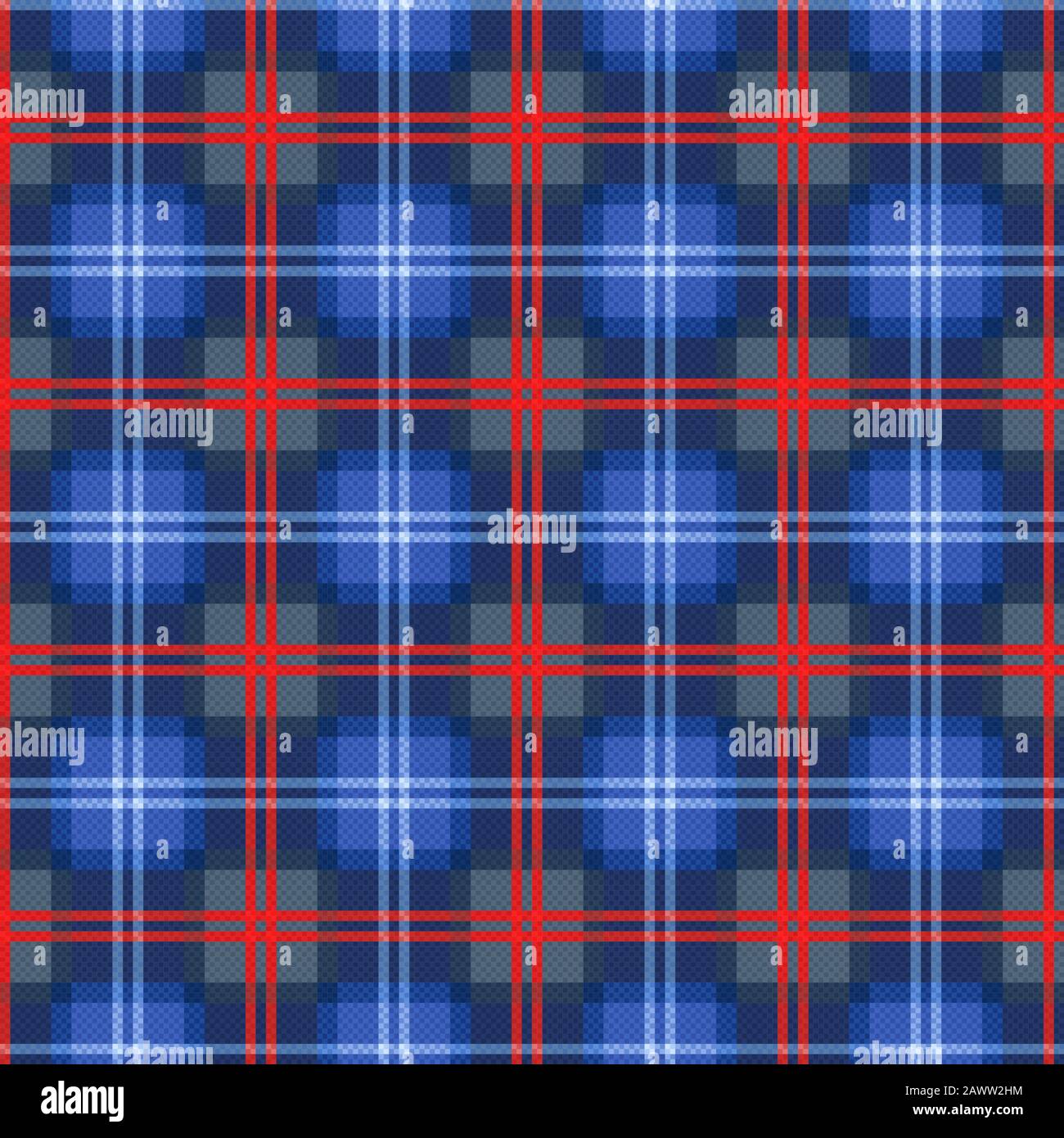 Seamless checkered traditional fabric pattern mostly in blue hues with bright red lines, illustration pattern as a tartan plaid Stock Vector