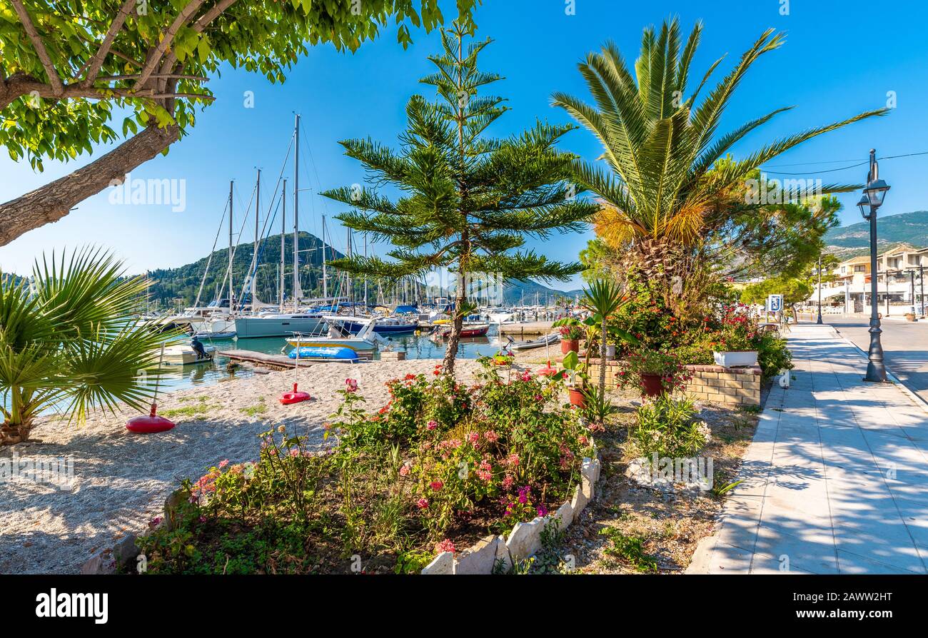 Landscape with  Nidri harbour and village, Lefkada, Greece Stock Photo