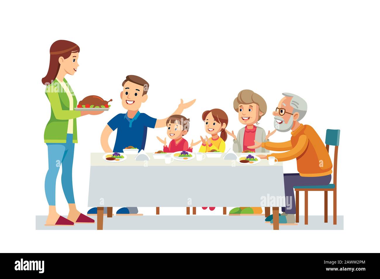 Happy big family eating dinner together vector illustration Stock Vector  Image & Art - Alamy