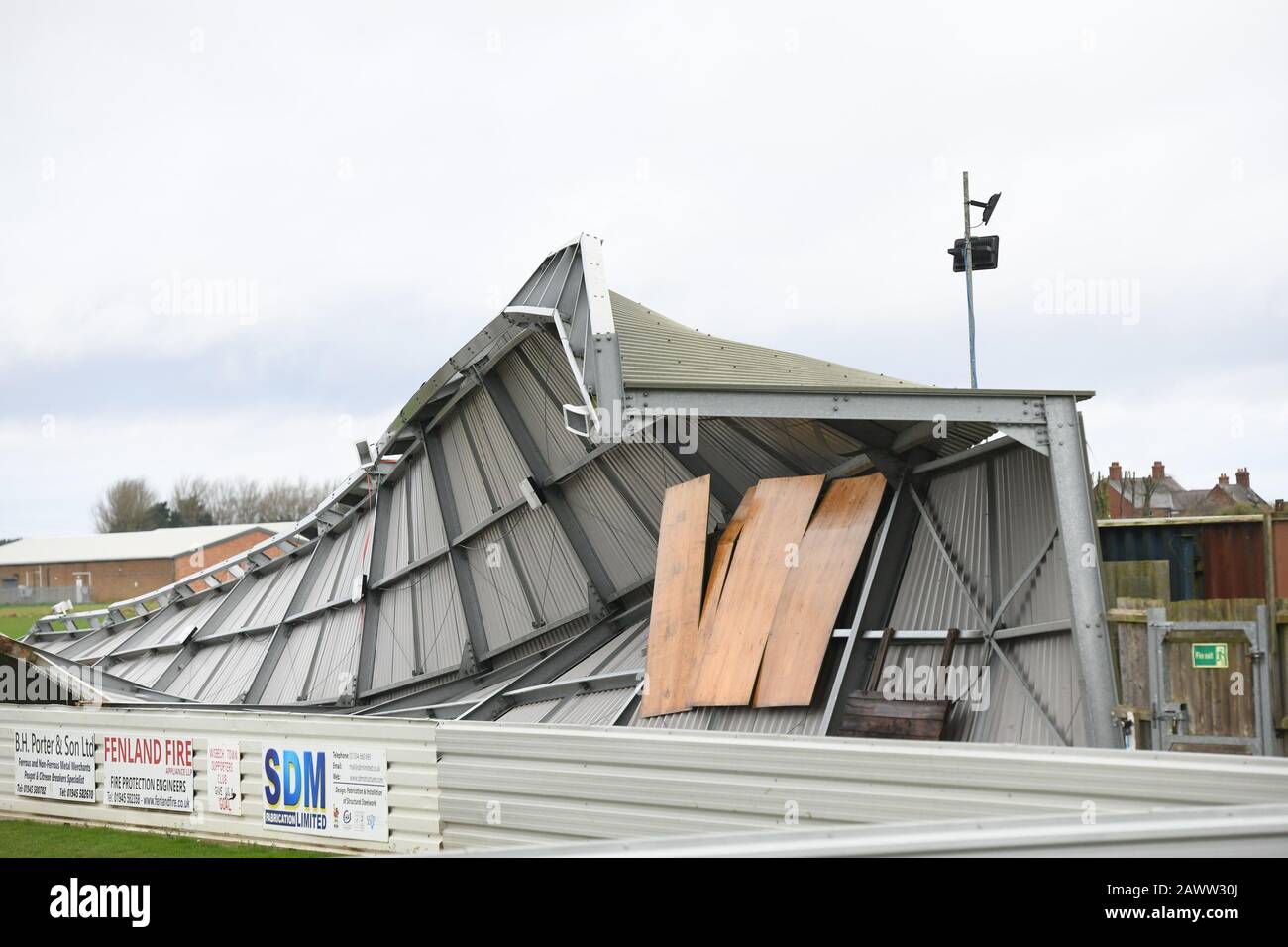 Wisbech, UK. 09th Feb, 2020. Storm Ciara has blown down part of a stand at Wisbech FC, in Wisbech, Cambridgeshire, on February 9, 2020. Credit: Paul Marriott/Alamy Live News Stock Photo