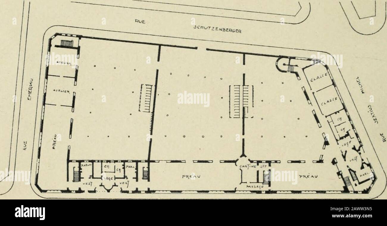 L'architectureLe passé.--Le présent . N Fig- J]- — Groupe scolaire de  Grenelle,(M. L. Bonnier architecte). Voici tout dabord les plans (fig. 77)  et une élévation en pers-pective (fig. 78) du groupe scolaire