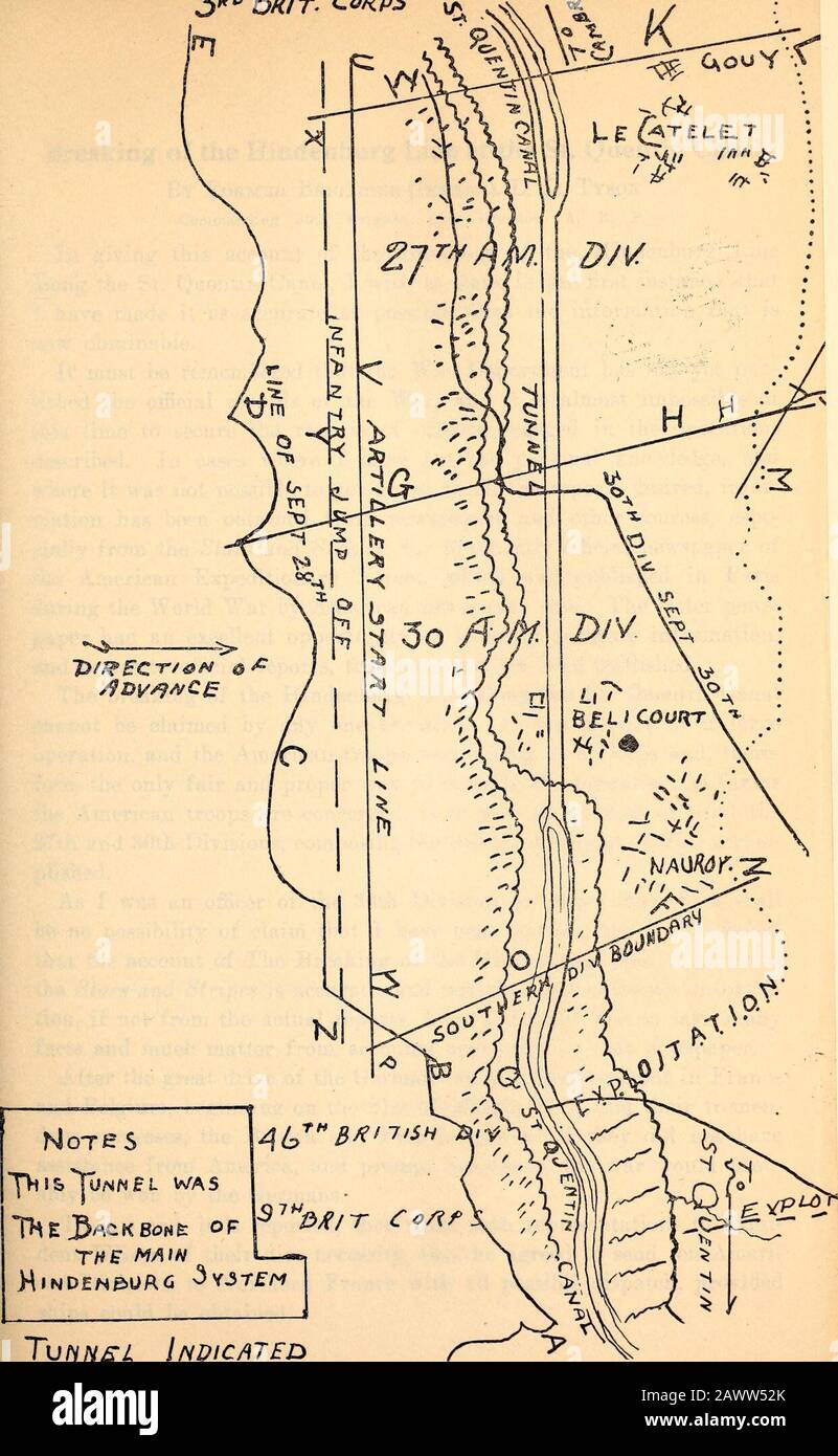Publications of the North Carolina Historical Commission . 3 0/?/r. ca/ips us ft. OTS SJhlsTu^N/Mf L Vs/AS THS MAIN L—*, TvtiNsi Ini?icateo THUg % N ,H  4 V ?f^^ Breaking of the Hindenburg Line at the St. Quentin Canal By Former Brigadier-General L. D. Tyson Commanding 59th Brigade, 30th Division, A. E. F. In giving this account of the Breaking of the Hindenburg Linealong the St. Quentin Canal, I wish to state, in the first instance, thatI have made it as accurate as possible from the information that isnow obtainable. It must be remembered that the War Department has not yet pub-lished the o Stock Photo