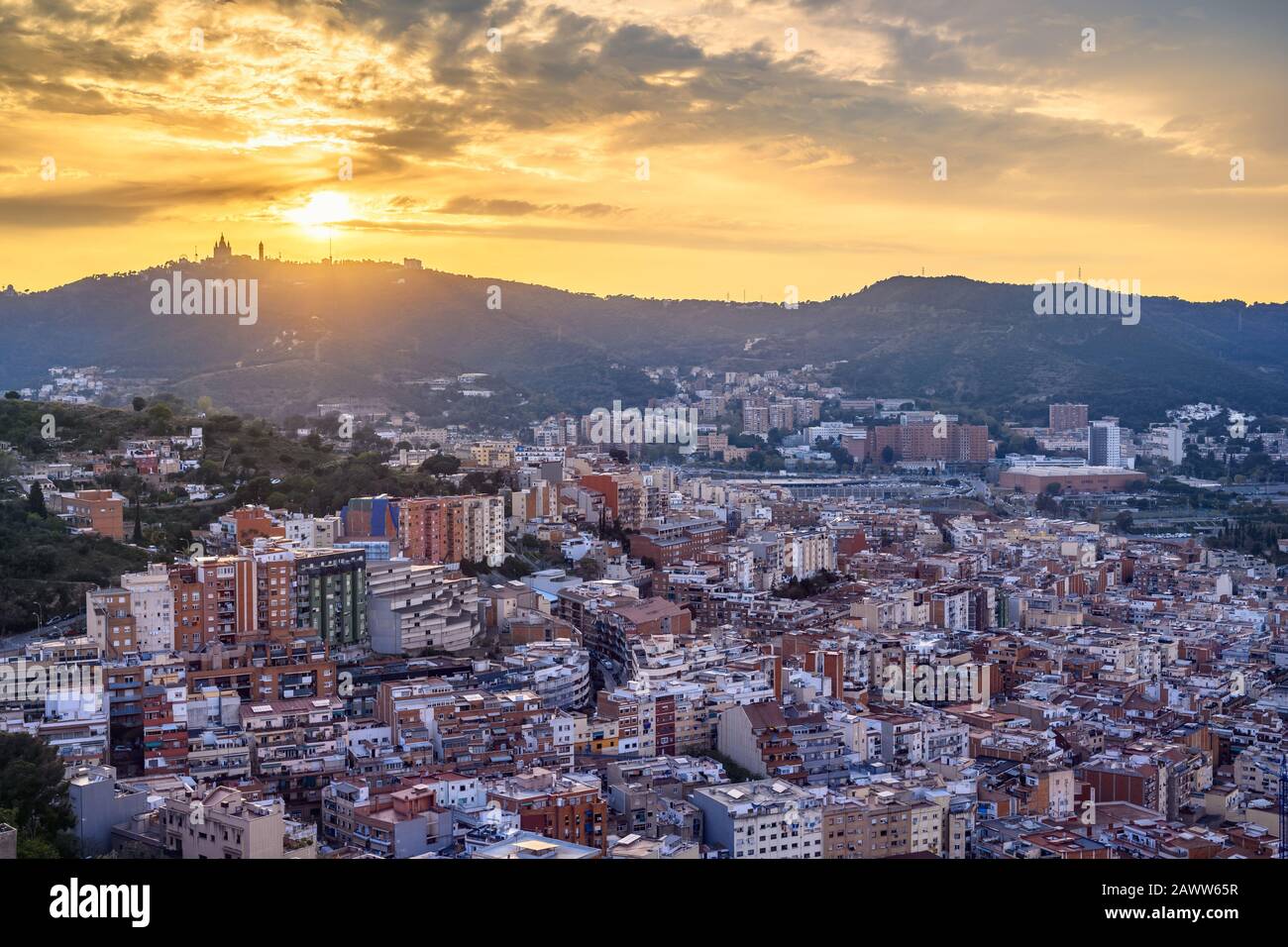 Barcelona Spain, high angle view city skyline sunset from Bunkers del Carmel Stock Photo
