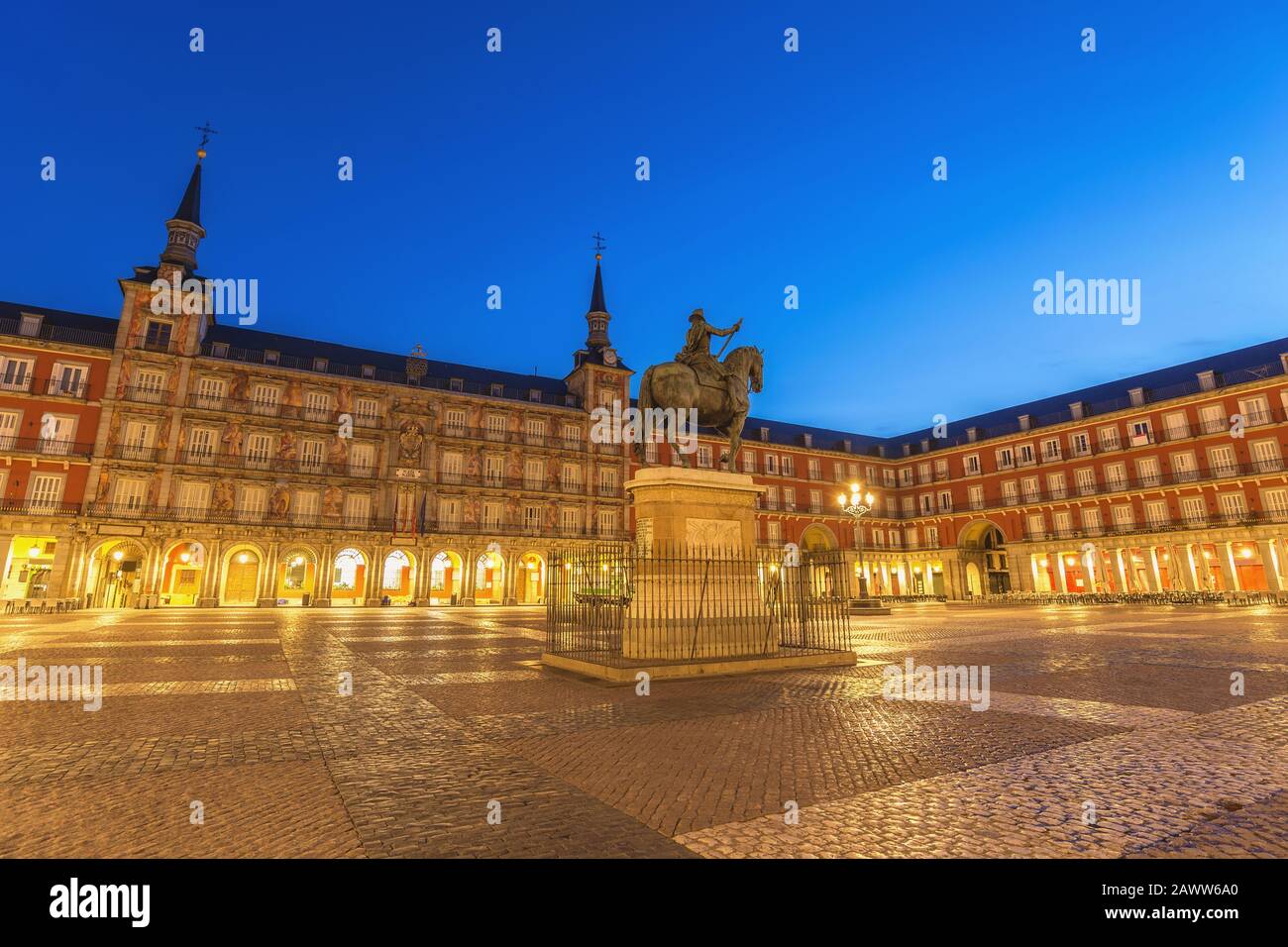 Madrid Spain, night city skyline at Plaza Mayor Stock Photo