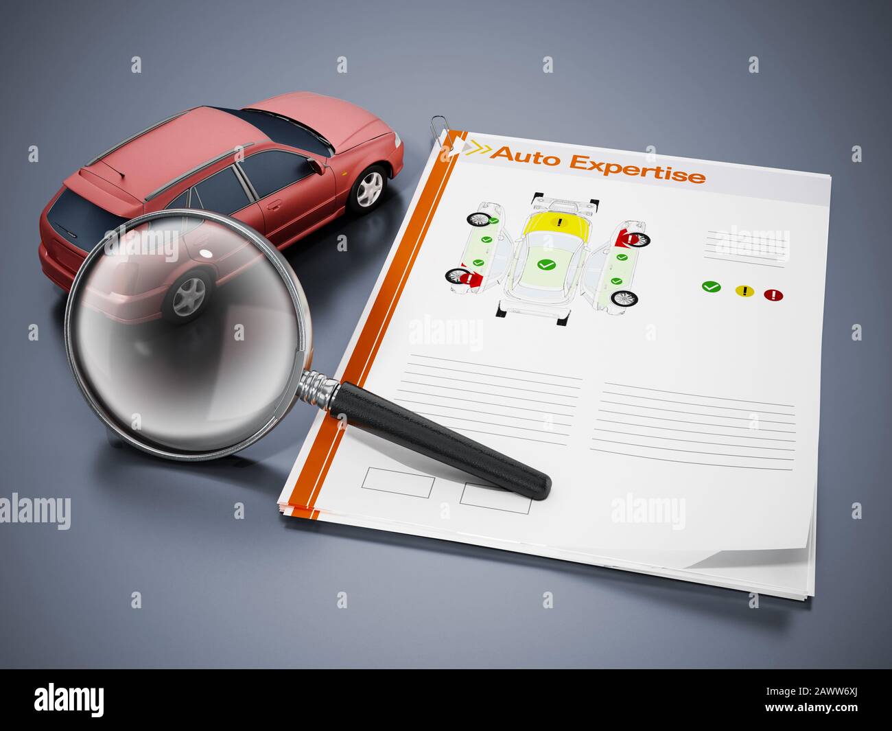 Auto expertise concept. Magnifying glass on the model car with test results. 3D illustration. Stock Photo