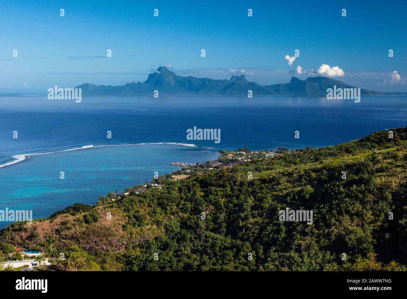 View of Tahiti to Moorea, Tahiti, French Polynesia Stock Photo