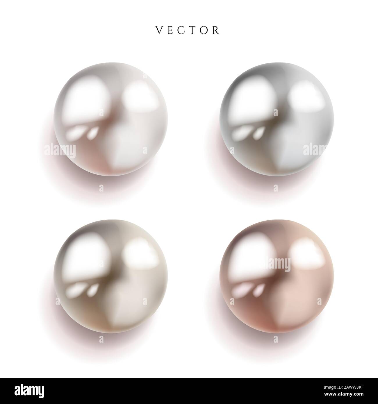 Set of pearl silver, pink or rose gold and gold spheres with glares icons isolated on white background, vector illustration. Stock Vector