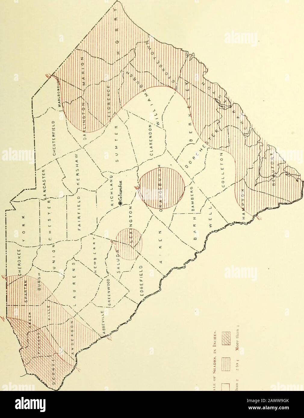 Climatological data, South Carolina . o C5 P bo oo IâiH&lt;! H o. CLIMATE AND CROrS: SOUTH CAROLINA SECTION. 0(;tuj4er, lHOo. DAILY PBECIPITATION FOR SOUTH CAROLINA, OCTOBER, 1905. Day of Month. I 2 3 4 5 6 7 8 9 10 II 12 13 14 15 16 17 18 19 20 21 22 23 24 j 25 26 1 S7 28 29 30 1 31 1 ^ Aiken .30 .50 .90 Allendale T .38 .90â¢ 14 . IIâ 03 1.282.28 Anderson .60â¢39. 12 71 :::: :::: â¢35â¢ 32 â â T. T. Barksdale T. 10 â¢â 52 Bateeburg .70 .98.08â¢14â¢13.40 .09â¢33.16.92â¢ 07.90 .01 .01 1.05 .05 .08 .21.01 .01 .... .02 T. .04â¢15 Bennetteville T. â¢ 07 1.57 Blackville . II.01 .05.01.16 .01.02 .04 Stock Photo