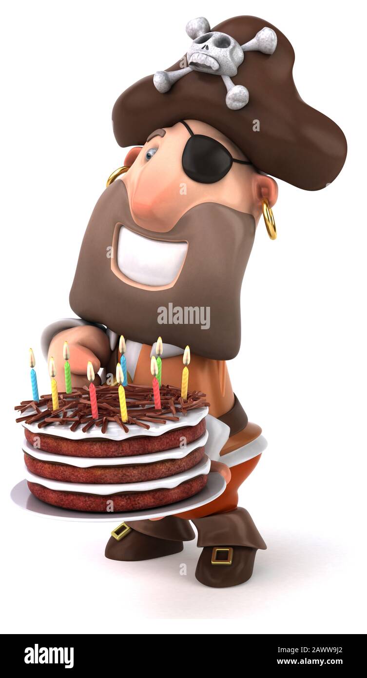 Fun pirate cartoon character with a birthday cake Stock Photo - Alamy
