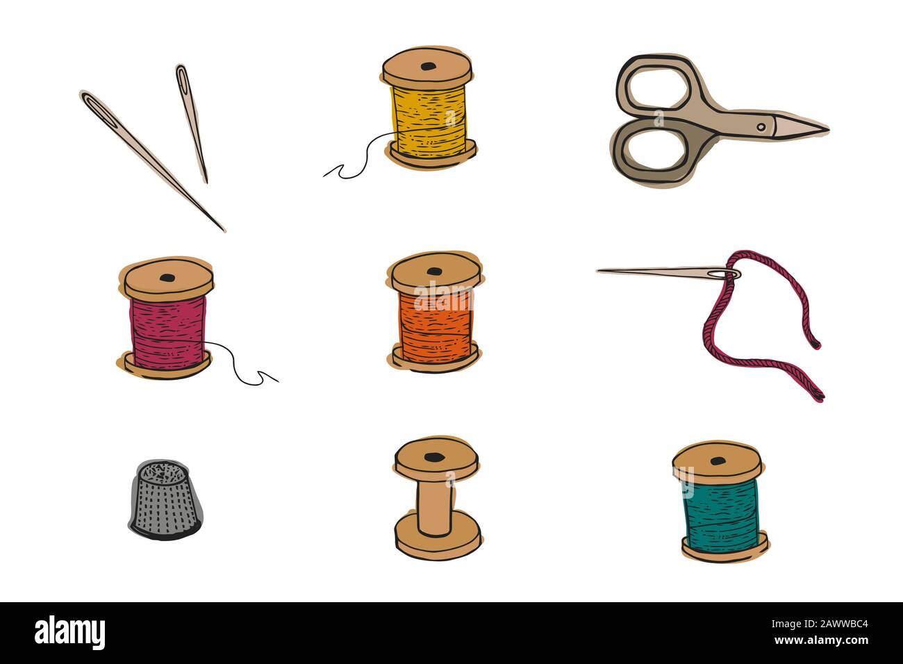 Sewing items set. Vector illustration. Threads, thimble scissors needles Stock Vector