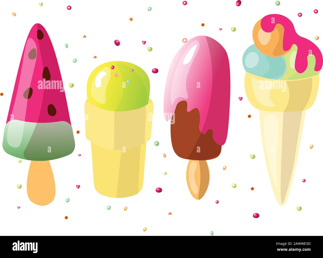 Set of cute cartoon colored Ice cream collection. Ice cream set with