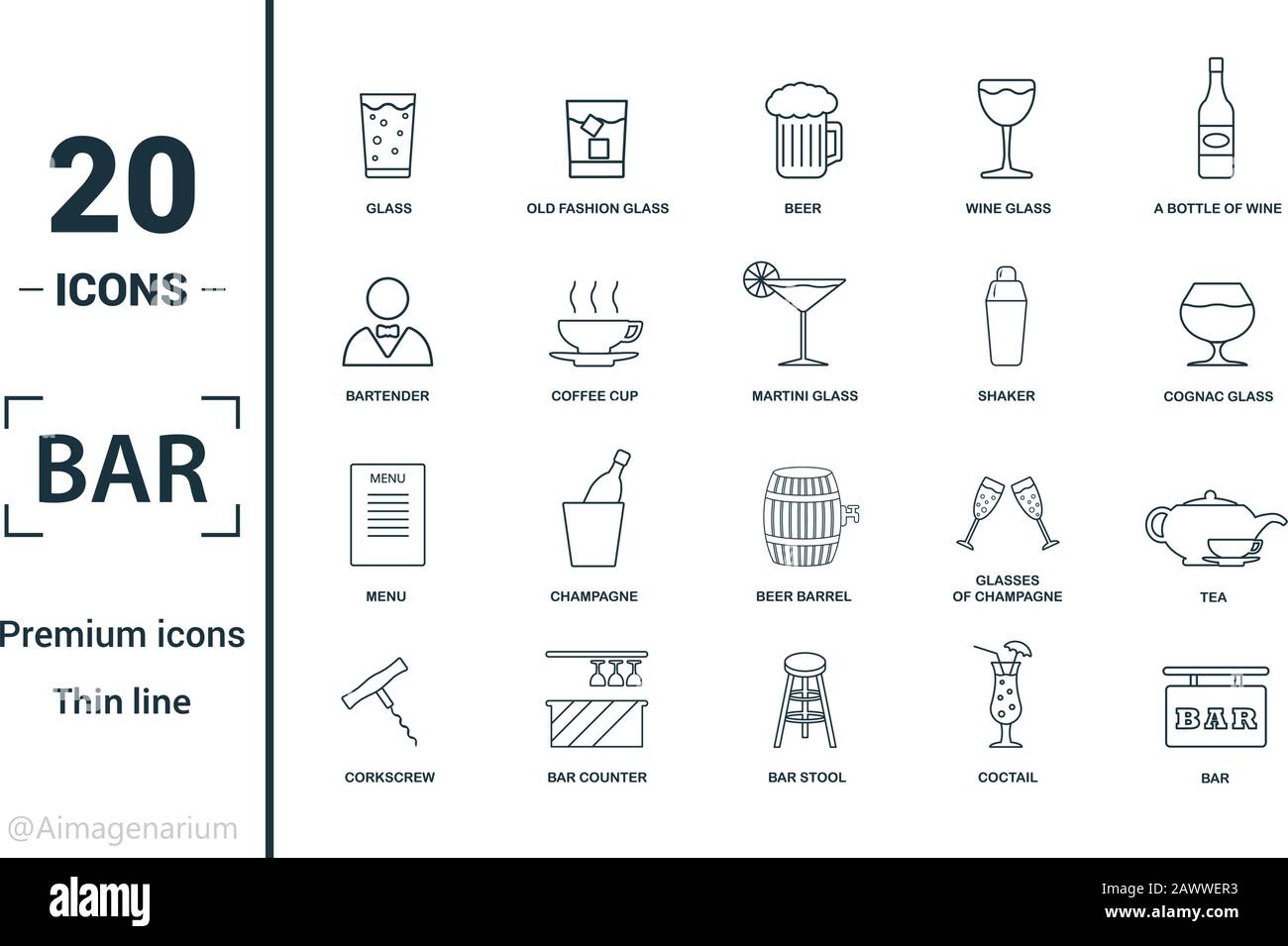 Bar Restorant icon set. Include creative elements glass, beer, bartender, shaker, menu icons