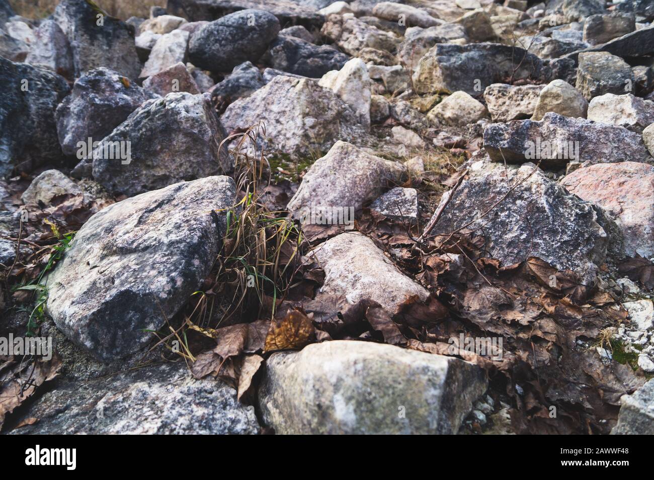 Detroyed Stack Rocks Pile of stones background. heap of rocks. ruins of destroyed buildings ...