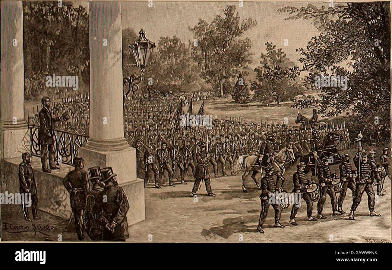 Grand army picture book from April 12, 1861 to Apr26, 1865 . he bar-racks was on lire, amithe smoke and heat in-tense. At noon the Unionflag was cut down by ashell, but was caught as itfell and replaced by Ser-geant Hart. The fall ofthe flag induced the Con-federate (jencral lieaure-gard to scud a flag of truceto the besieged Ihiiontroops, and on April 14the little garrison evacua-ted the fort, and was con-eyed to New York. The news of the attackand evacuation of the foricreated the wildest excite-ment in the North. On April 15 President Lincohi issued a call for sev-enty-five thousand troiip Stock Photo