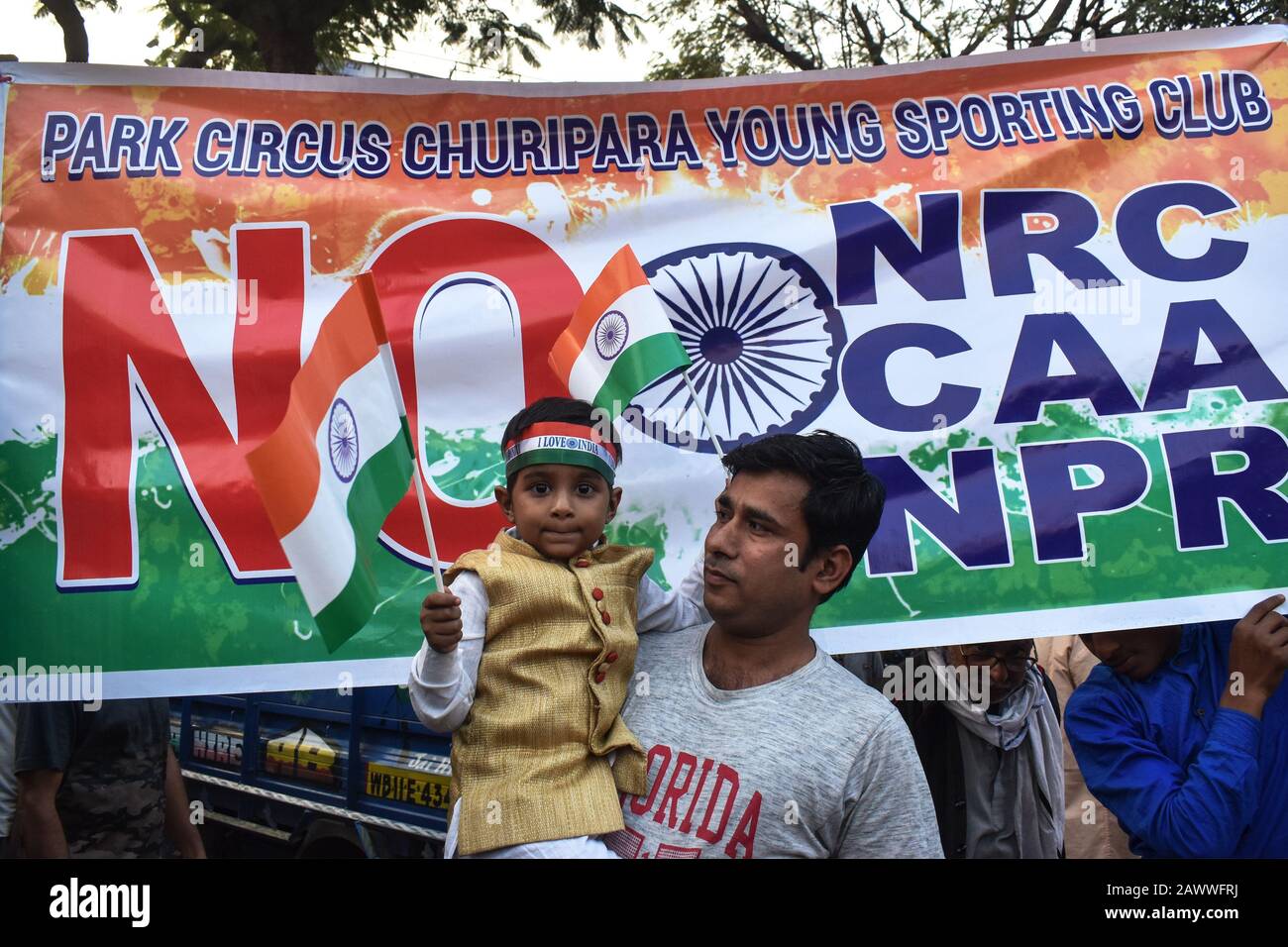 A little boy is showing the No NRC placard on a protest Program for NRC and CAA in Kolkata, India. Stock Photo