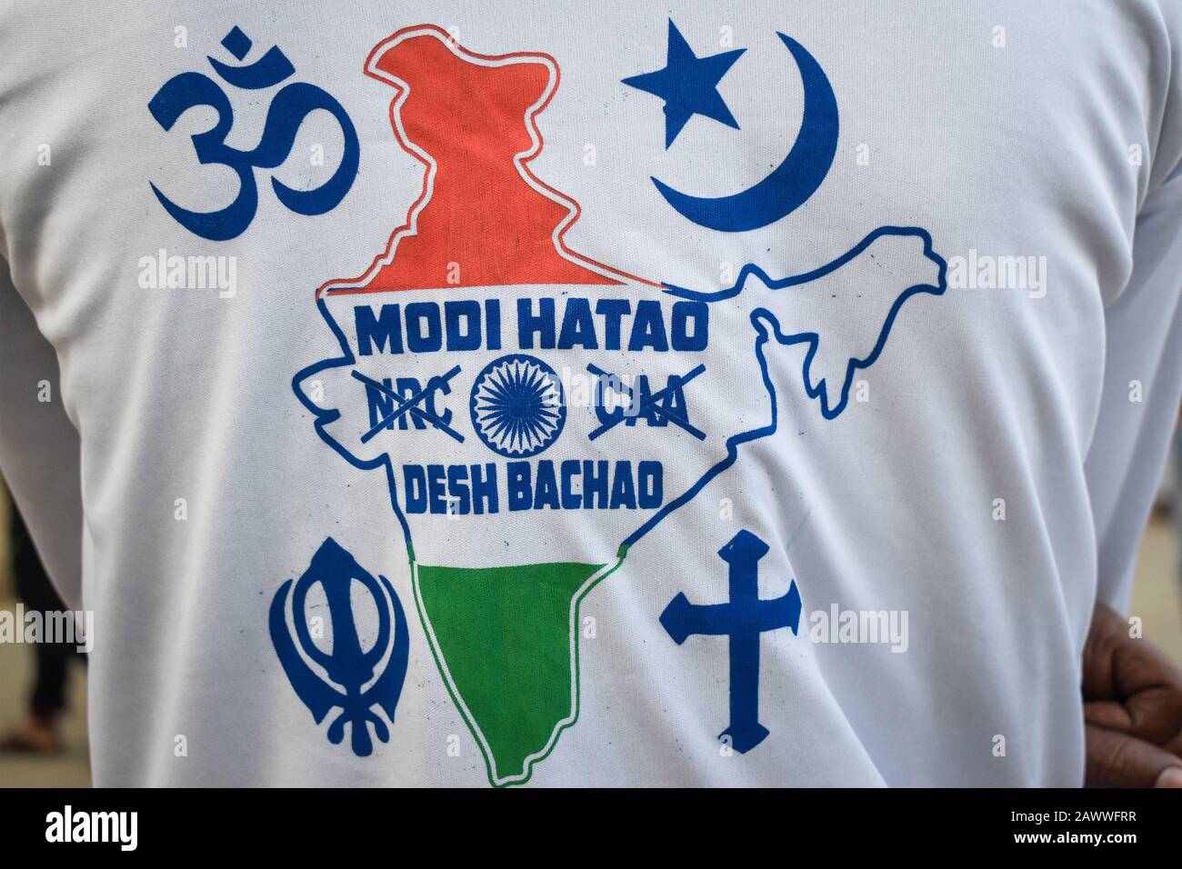 A man is wearing an NRC protest thirst on an NRC and CAA protest rally in Kolkata, India. Stock Photo
