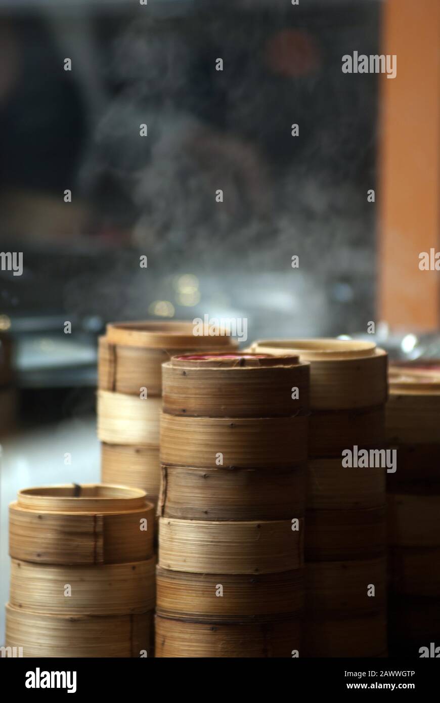 Bamboo food steamers in window of chinese restaurant, Newcastleupon