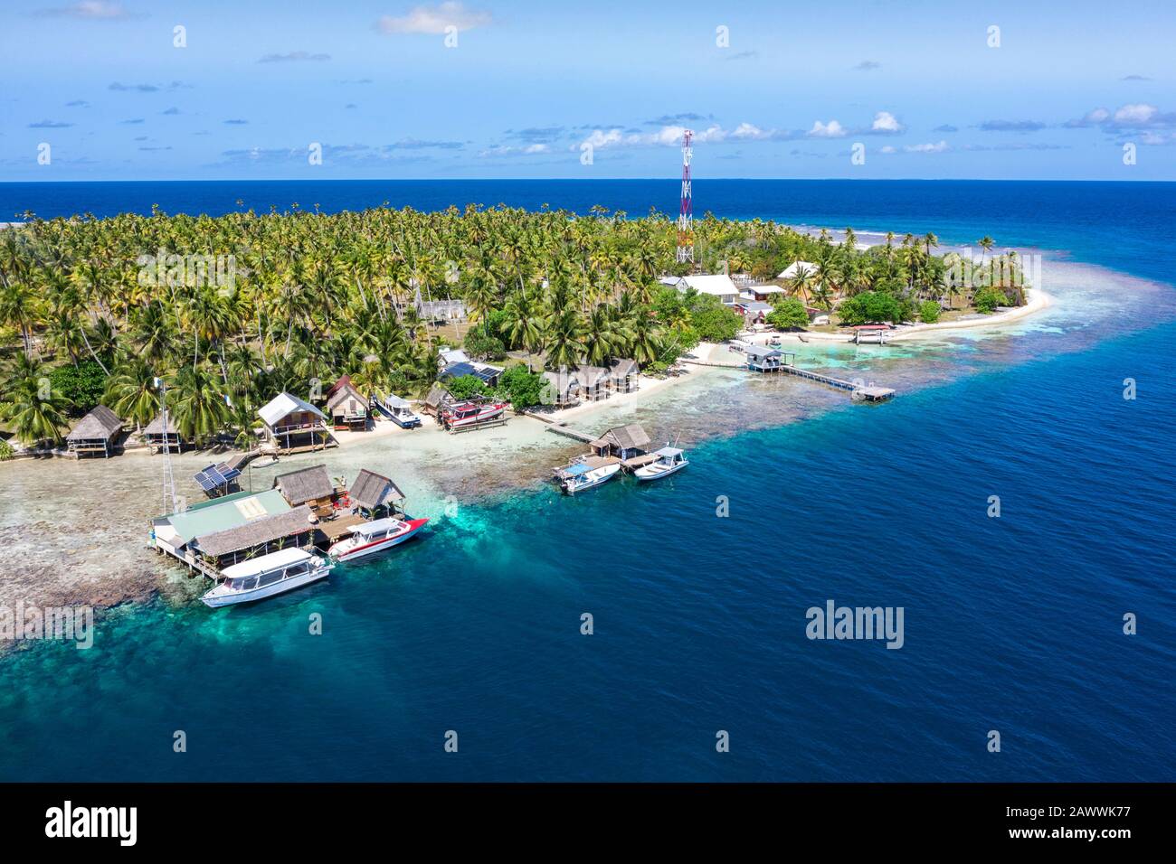 Tetamanu Village at Fakarava Atoll, Tuamotu Archipel, French Polynesia Stock Photo