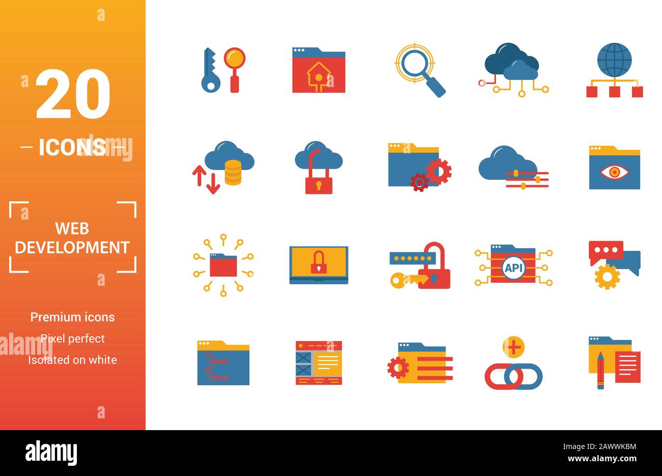 Web Development icon set. Include creative elements key search, seo, cloud storage, cloud management, network connection icons. Can be used for report Stock Vector