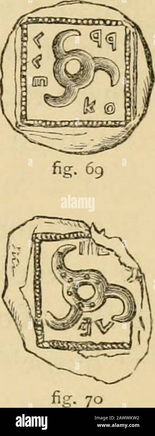 Horse-shoes and horse-shoeing : their origin, history, uses, and abuses . BRAND-MARK OF CIRCASSIAN HORSES.. the antiquity of this form of shoe there is no possibility ofjudging, because the exact counterpart of it existed alreadyat the period when the Ionian Greeks had established fixedsymbols as types of their cities and communities. Itoccurs on the coins of Lycia, and is known to numis-matists by the name of Triquetra (iig. 69). If therebe any difference, it is in a row of pointson the Lycian type, as if the shoe hadbeen perforated with holes for small nails(fig, 70) ; and what makes the sel Stock Photo