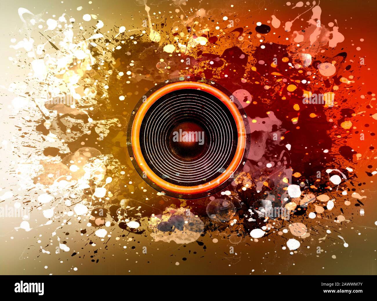 Orange audio speaker on a paint splattered background Stock Photo