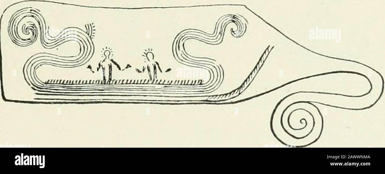 An introduction to the study of prehistoric art . F^IG. 245.—Scandinavian bronze knives with engraved designs of boats and solar disks. are engraved circles with a dot or a cross inside, or withlines radiating from the circumference (Fig^. 245). Thesehave been interpreted as Solar Disks, falling into line withwhat is said hereafter on Sun worship. The boat itself isalso a solar symbol. These designs have been cited as evi-dence of the existence in the Bronze Age of the myth of theSun traversing the ocean when at night the world is left in ^ Les Temps Prchistoiiques eft Siiede, par O. Montelius Stock Photo
