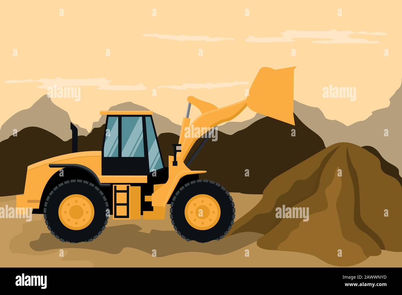 Frontal loader doing construction and mining work. Heavy machinery Stock Vector
