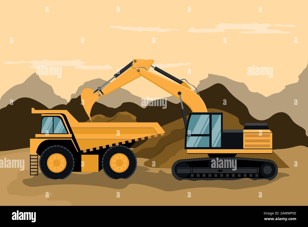 Mining truck and caterpillar backhoe doing construction and mining work Stock Vector