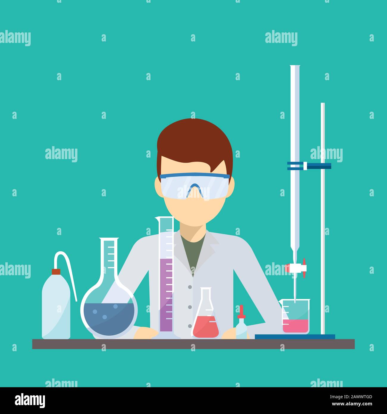 Vector design of scientist with chemical titration equipment. Stock Vector