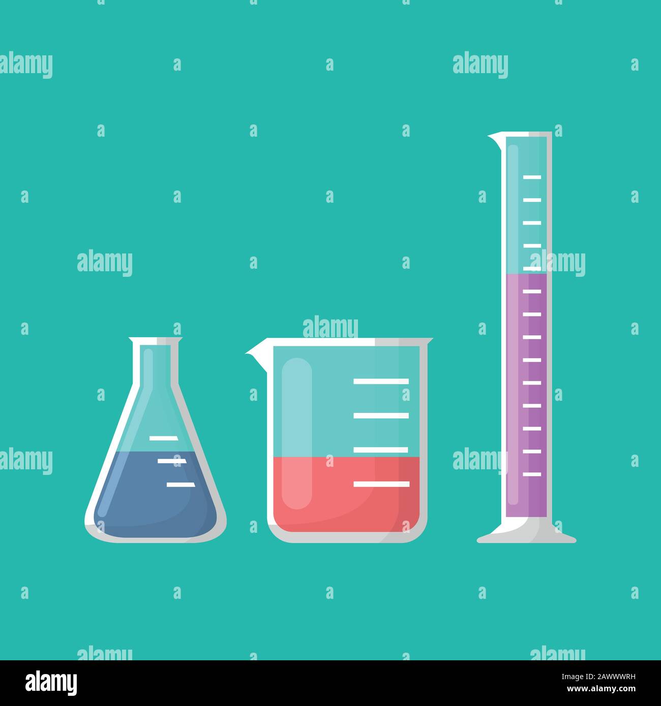 Chemical laboratory equipment, Erlenmeyer flask, beaker and test tube vector Stock Vector