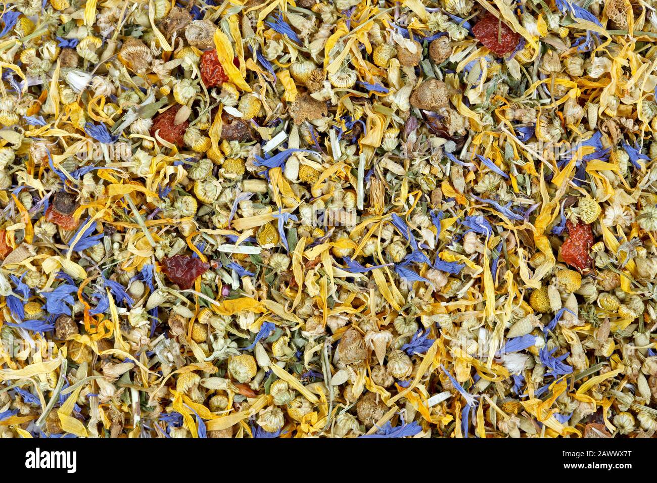 Background of dried flowers, berries and tea leaves. Mountain herb tea Stock Photo