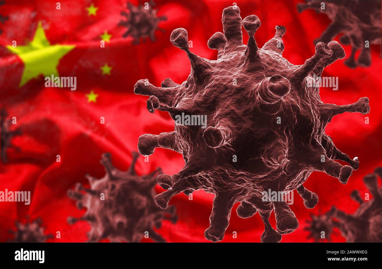 Coronavirus disease cells as a 3D render with flag of Republic of China at background. new 2019 Novel Coronavirus (2019-nCoV) infection outbreak situa Stock Photo