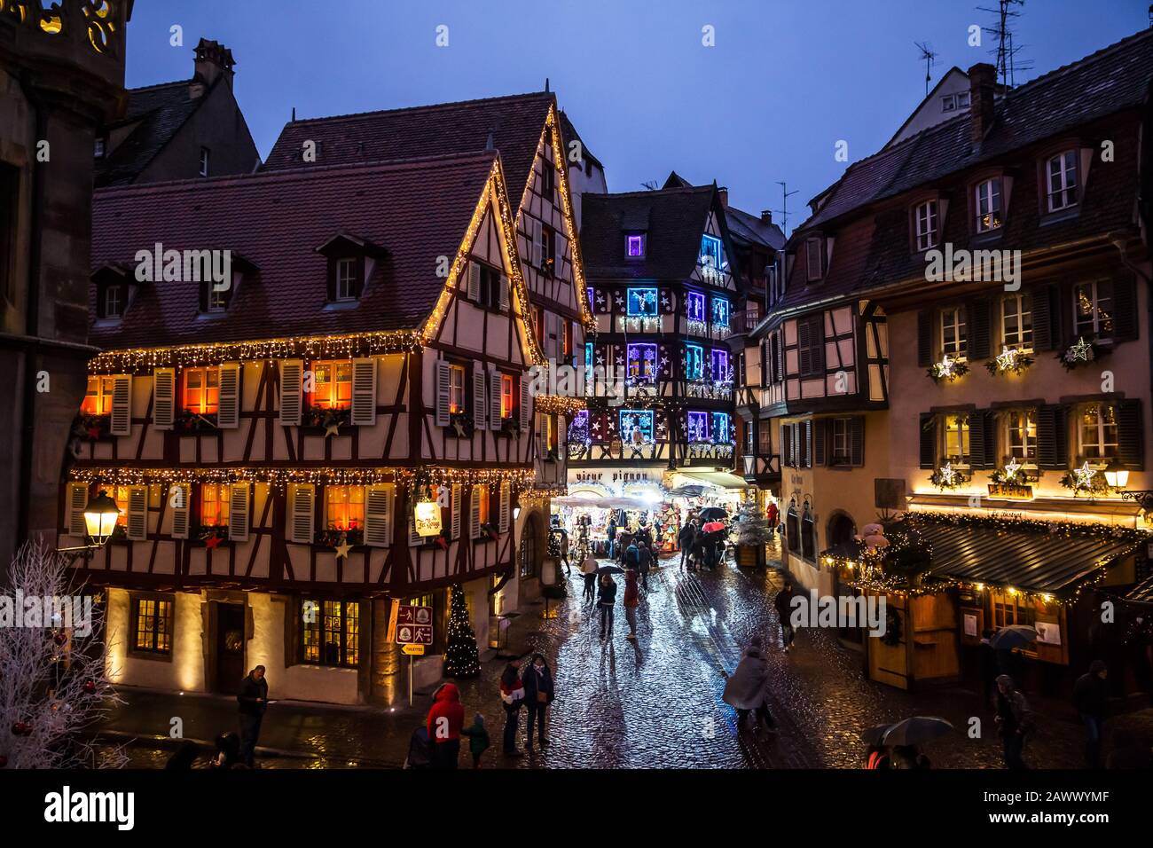 Colmar, Alsace, France - December 13, 2019: Petite Venice, streets and houses decorated for christmas . Stock Photo