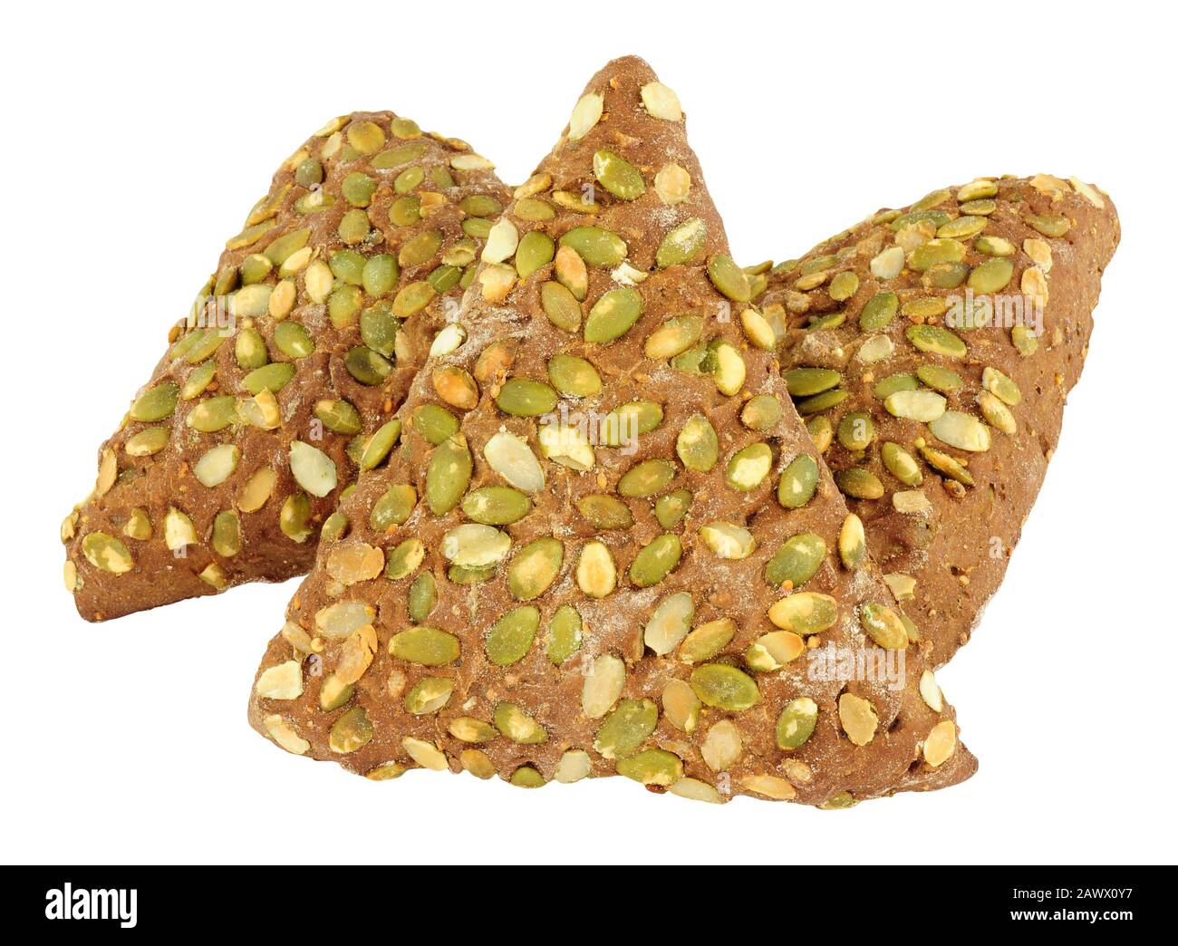Pumpkin seed covered pumpernickel bread triangles isolated on a white