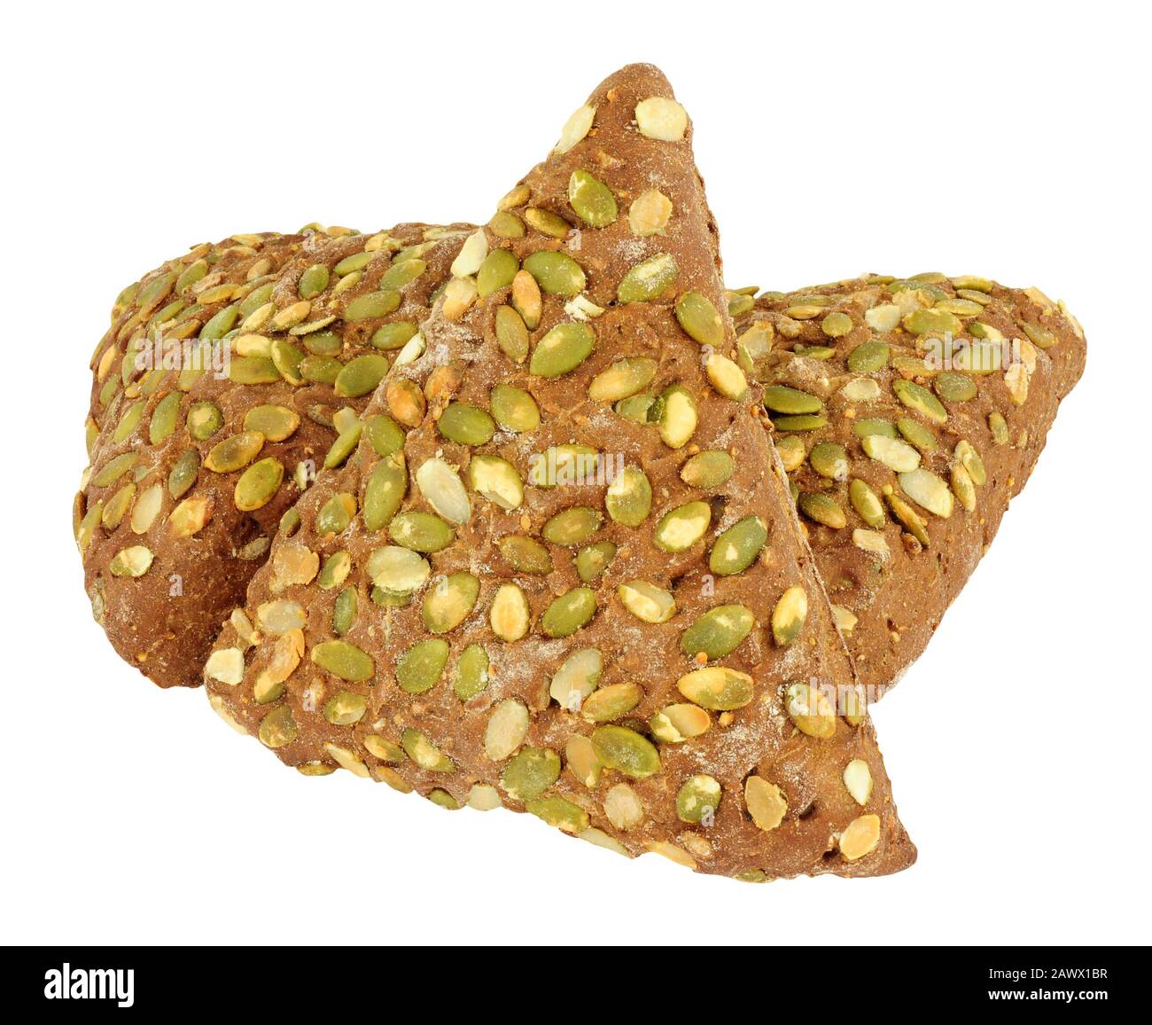 Pumpkin seed covered pumpernickel bread triangles isolated on a white
