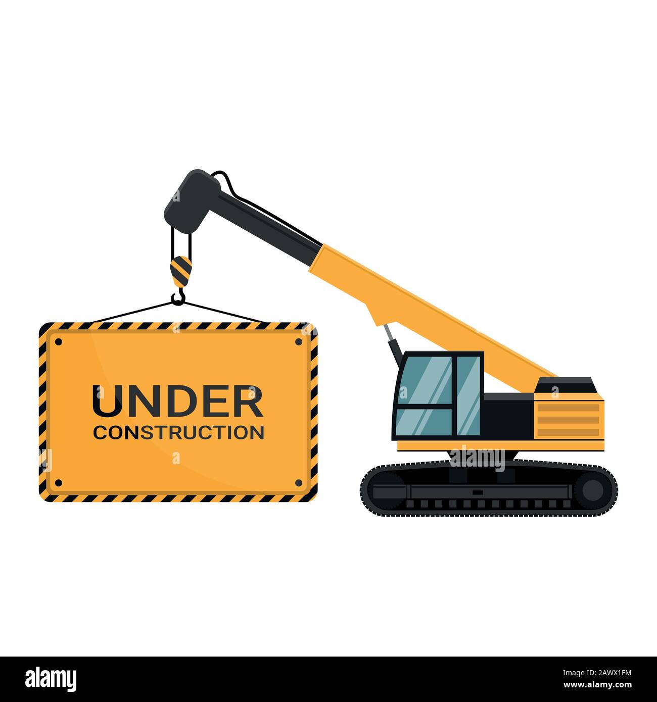 Advertising poster under construction loaded by a heavy crane caterpillar machinery Stock Vector