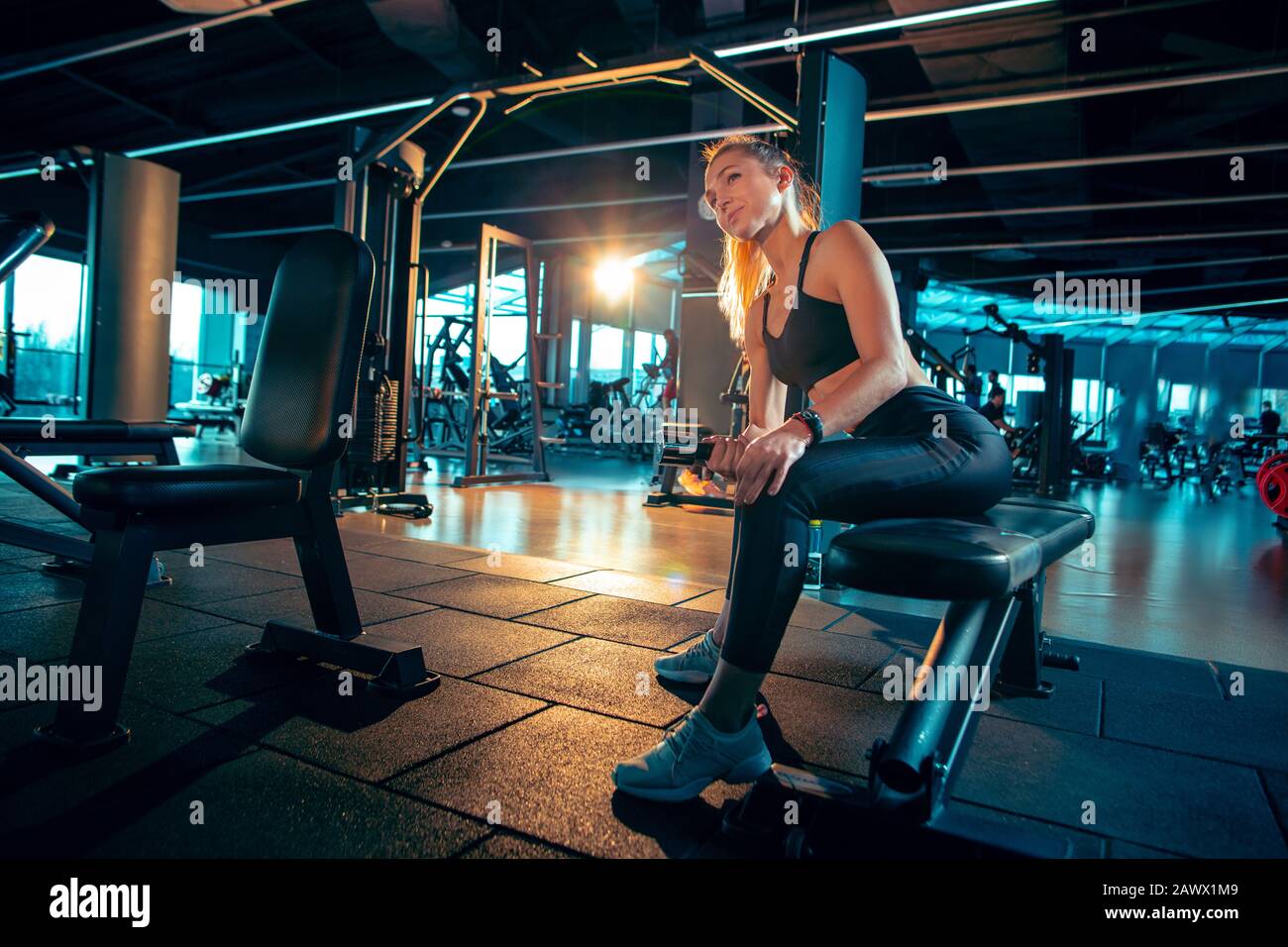 Calm Young Muscular Caucasian Woman Practicing In Gym With The Weights calm-young-muscular-caucasian-woman-practicing-in-gym-with-the-weights