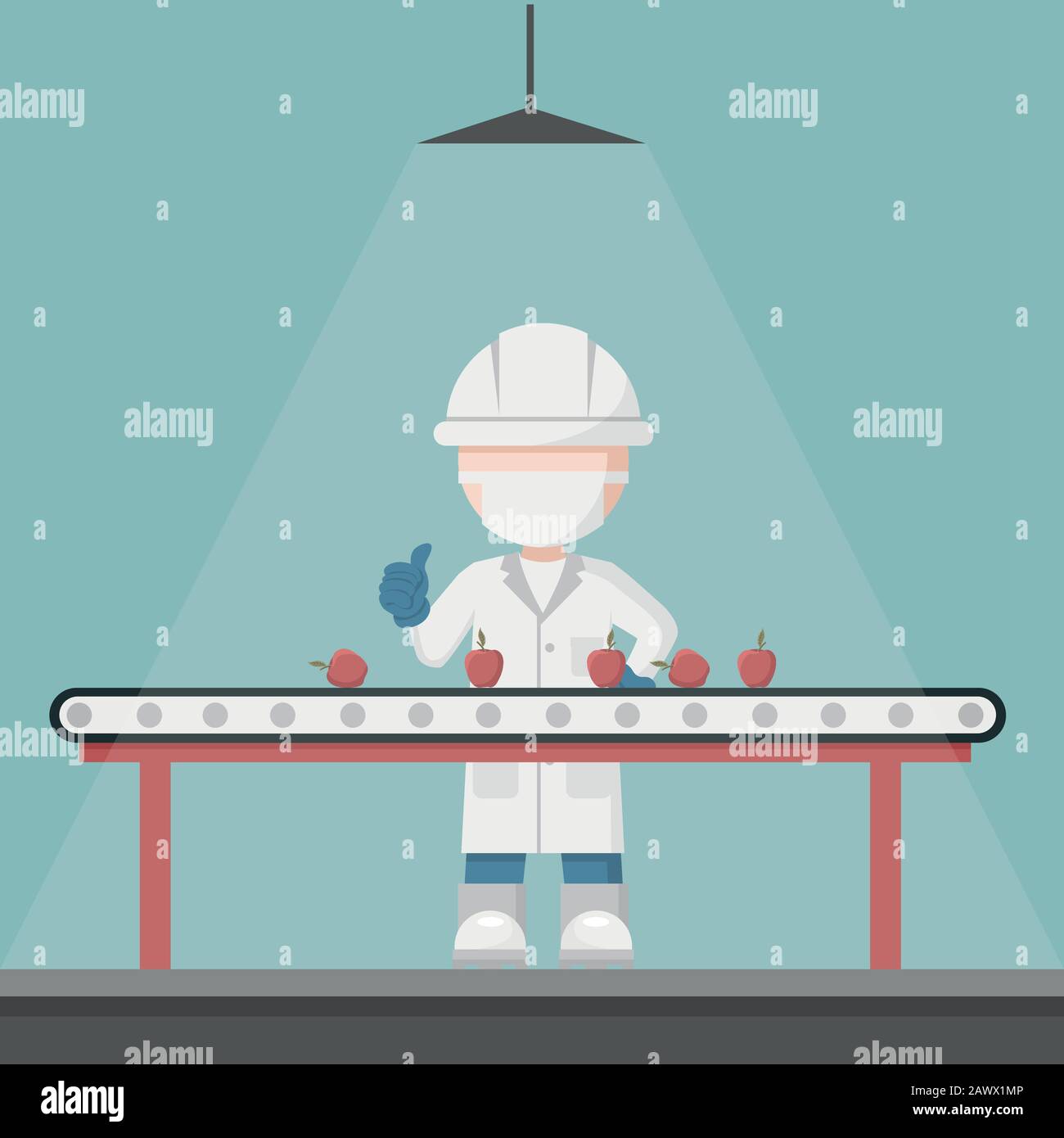 Quality control supervisor in a fruit selection production line. Food Conveyor Belt Stock Vector