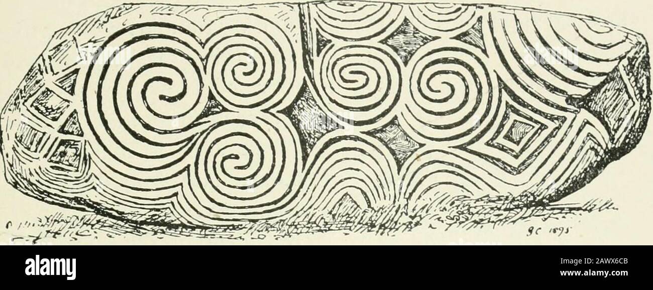 An introduction to the study of prehistoric art . p-iG. 228.—Designs on chalk drums trom Folkton, Yorks (unrolled). (Quarter size ) CHARACTER OF BRONZE AGE DECORATION 199. Fig. 229.—Stone at the entrance. Stock Photo