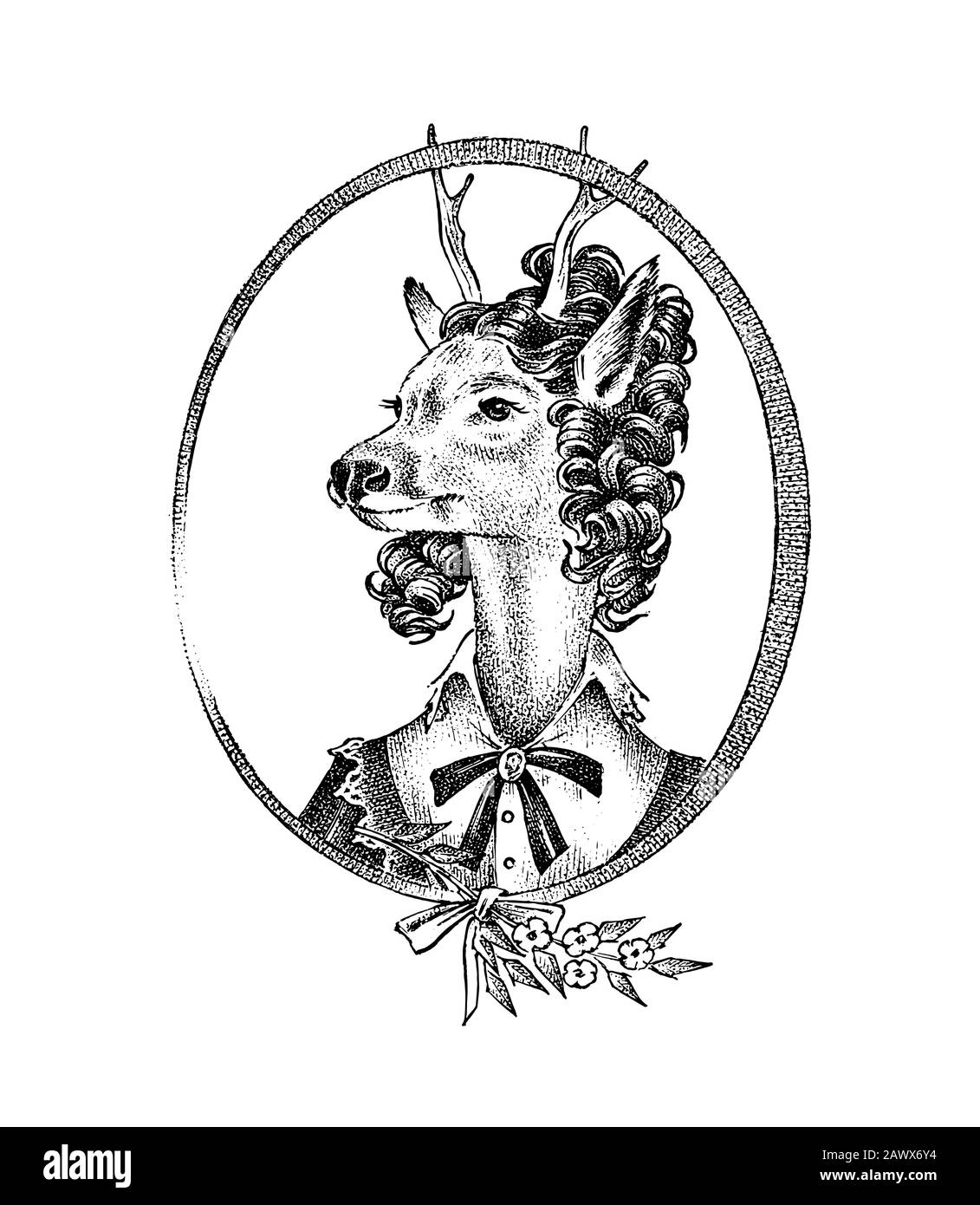 Animal character. Deer lady or doe with flowers. Hand drawn portrait. Engraved old monochrome sketch for card, label or tattoo. Anthropomorphism in Stock Vector