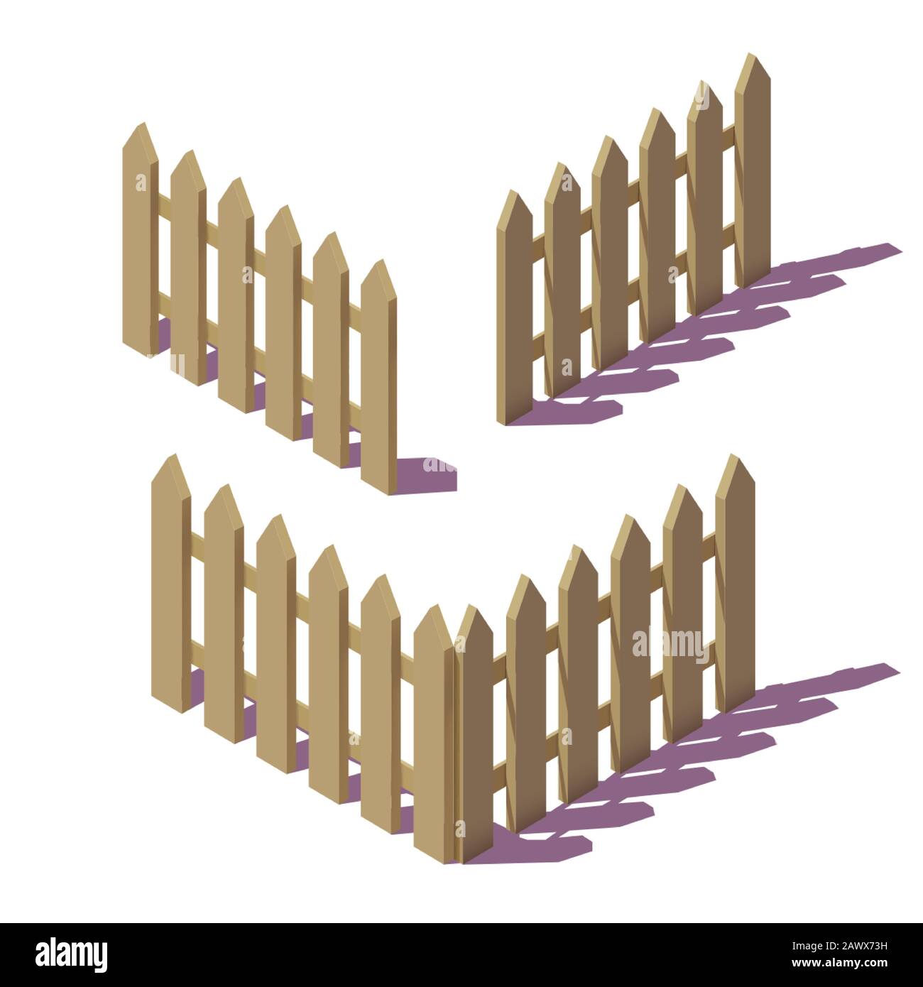Wooden isometric fences. 3D realistic icons. Design elements isolated on white background. Vector illustration. Stock Vector