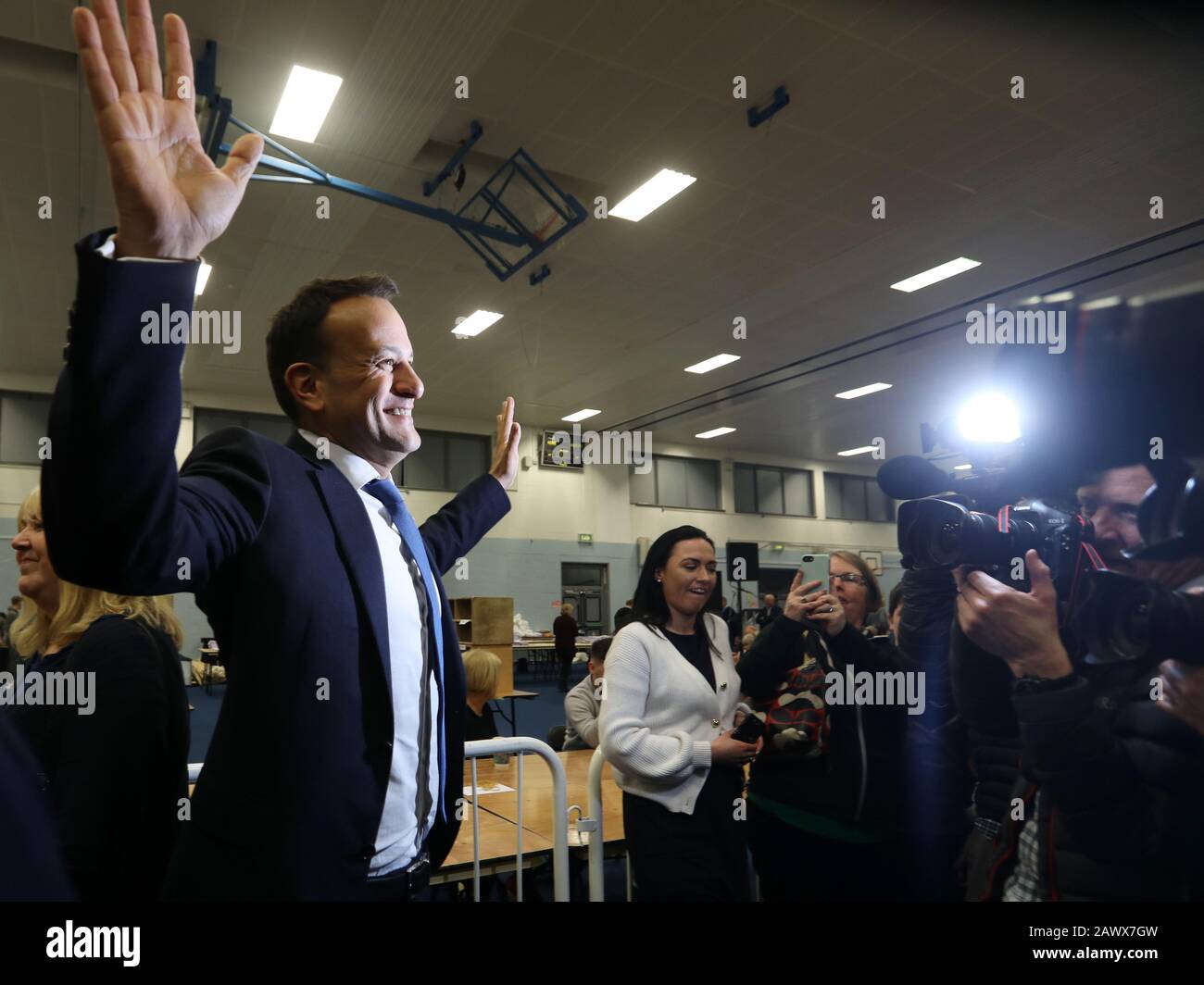 Dublin, Ireland. 9th Feb 2020. General Election Results. Counting of Ballots. Ballot papers in the Phibblestown Community Centre in Dublin West. Taoiseach and Fine Gael leader Leo Varadkar celebrates after being elected at the Count Centre. Photo: Eamonn Farrell/RollingNews.ie Credit: RollingNews.ie/Alamy Live News Stock Photo