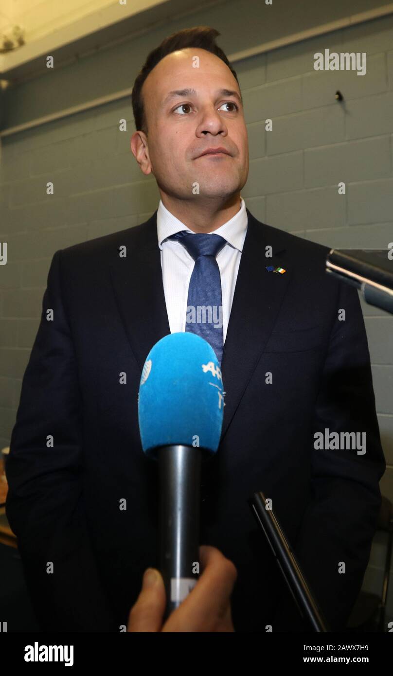 Dublin, Ireland. 9th Feb 2020. General Election Results. Counting of Ballots. Ballot papers in the Phibblestown Community Centre in Dublin West. Taoiseach and Fine Gael leader Leo Varadkar talking to the media at the Count Centre. Photo: Eamonn Farrell/RollingNews.ie Credit: RollingNews.ie/Alamy Live News Stock Photo